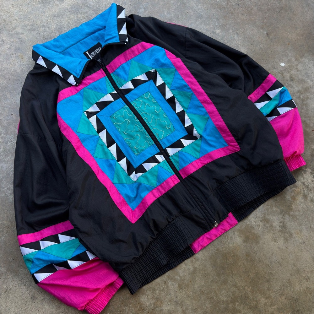Vintage 90s Indications Windbreaker Jacket Geometric Retro Teal Pink XL (b2)